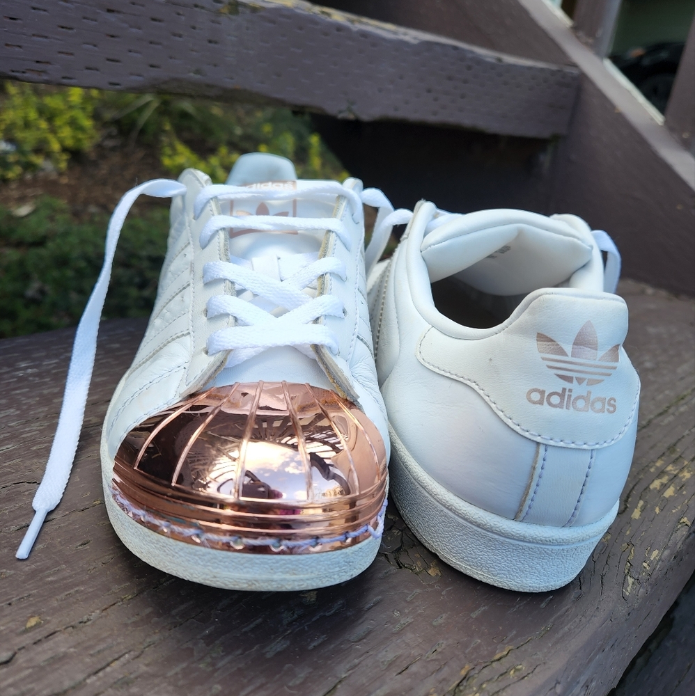 Adidas Women's White Sneakers with Rose Gold Metallic Toe